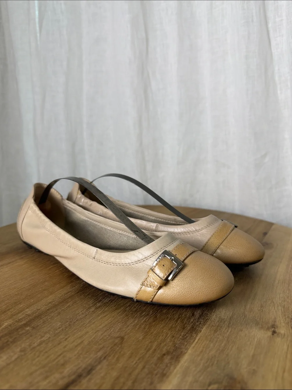 Tod's Two-Tone Beige & Tan Leather Ballet Flats with Buckle